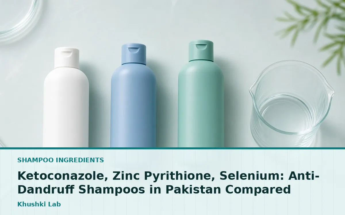 Three unbranded anti-dandruff shampoo bottles beside a lab beaker