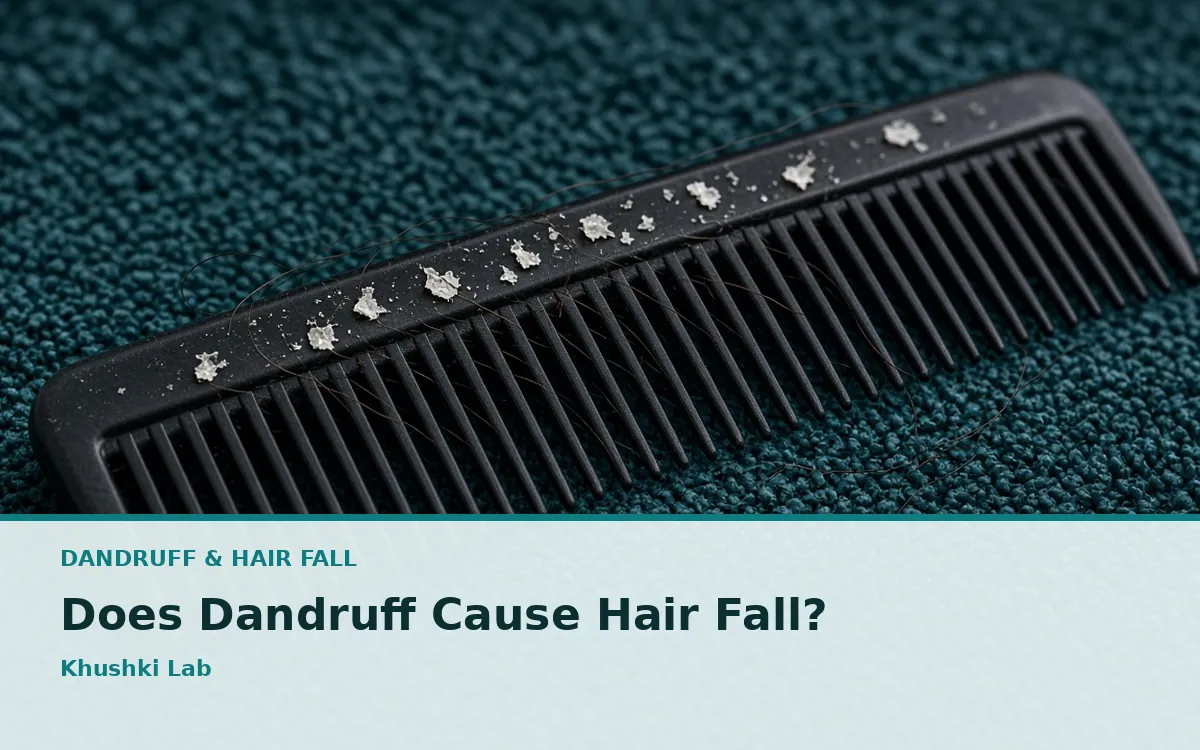 Close-up of a comb with dandruff flakes and loose hair strands