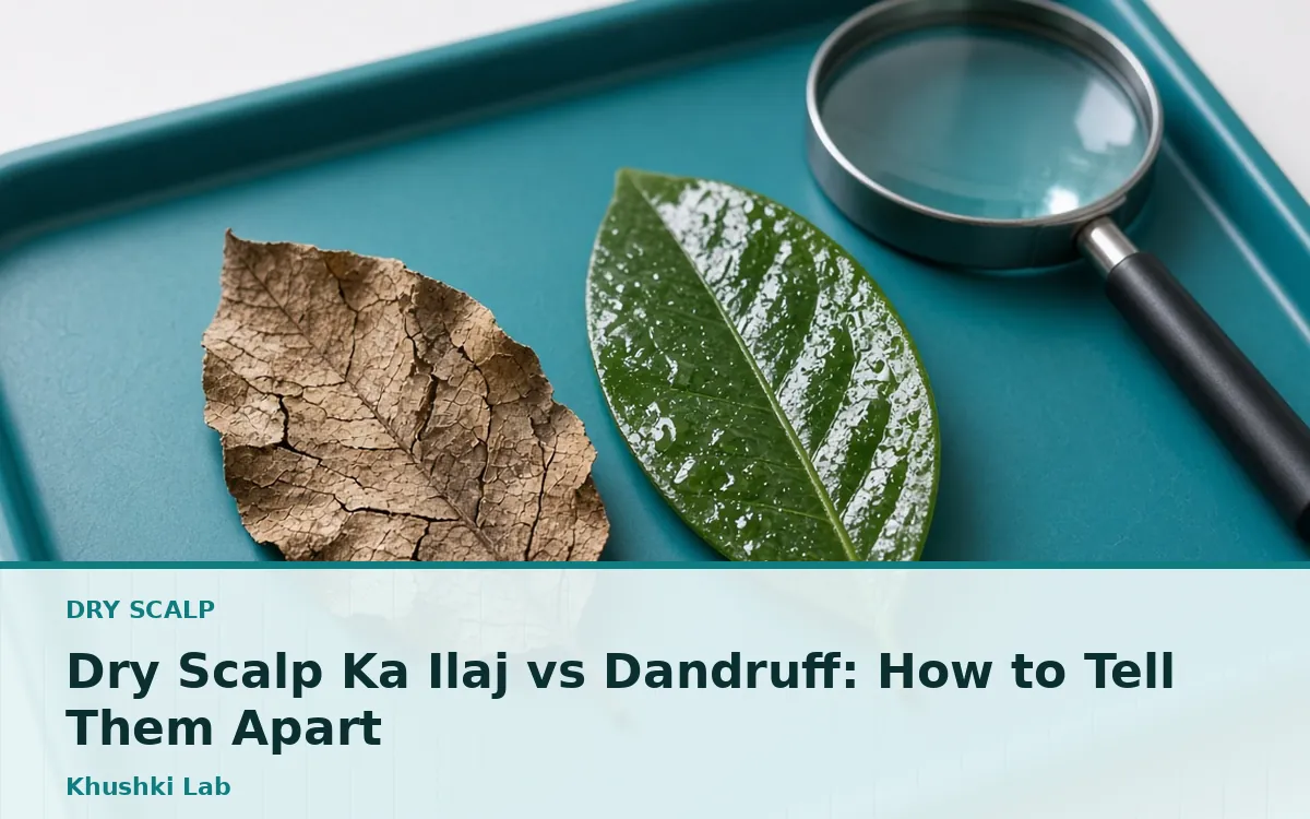 A dry cracked leaf beside an oily glossy leaf with a magnifying glass, comparing dry and oily scalp