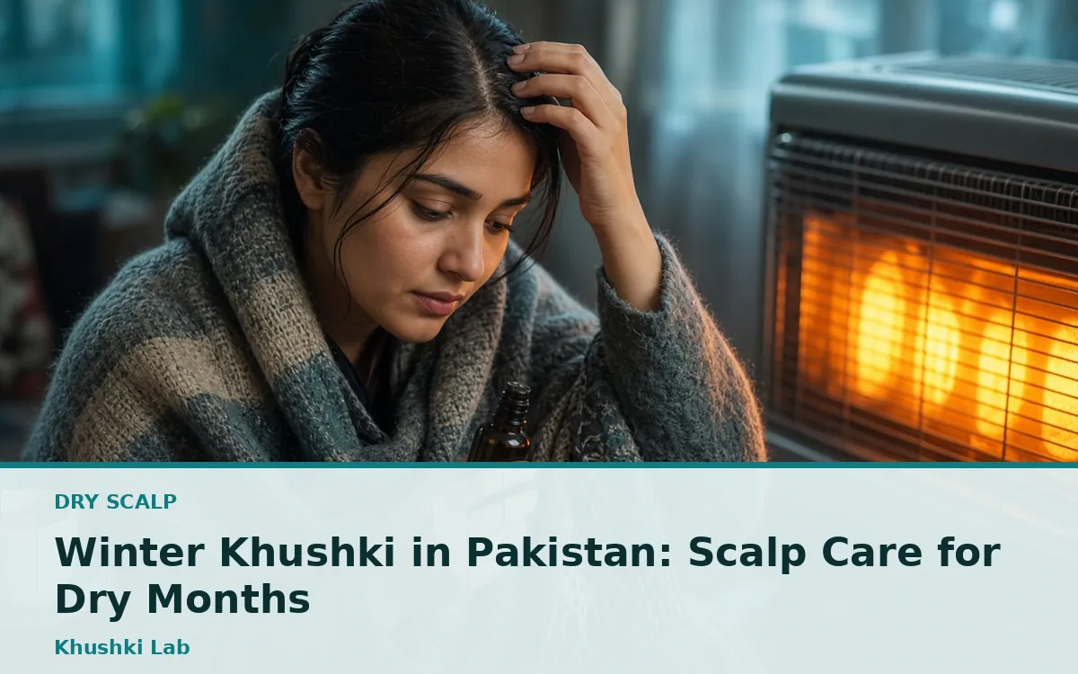 Pakistani woman in a wool shawl by a gas heater in winter, with chai and scalp oil
