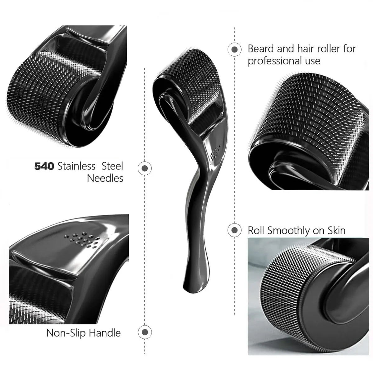 Derma roller with 540 stainless steel needles and non-slip handle, for scalp and beard